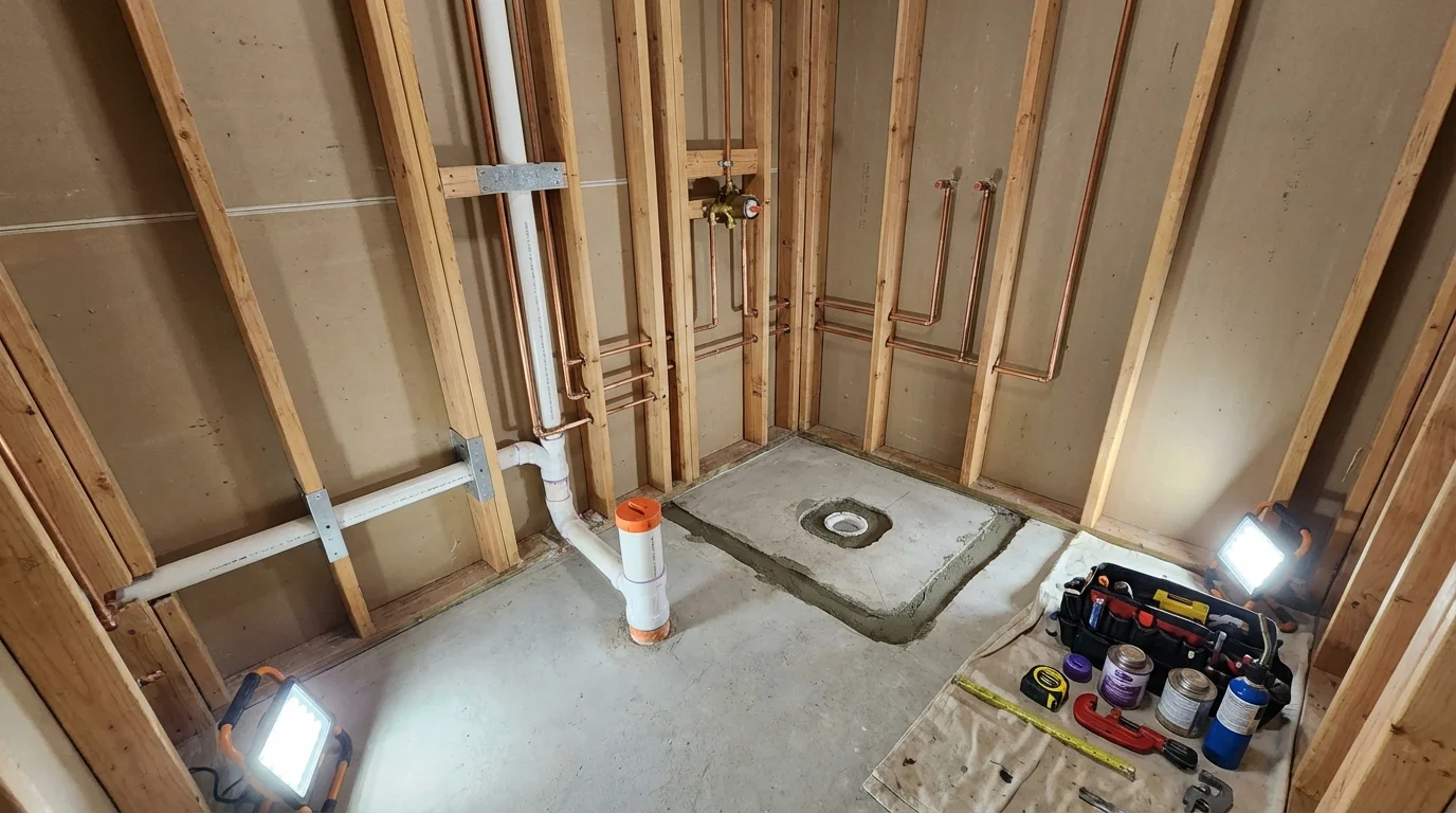 Bathroom rough-in plumbing during remodel by Johns Plumbing LLC in Sale Creek
