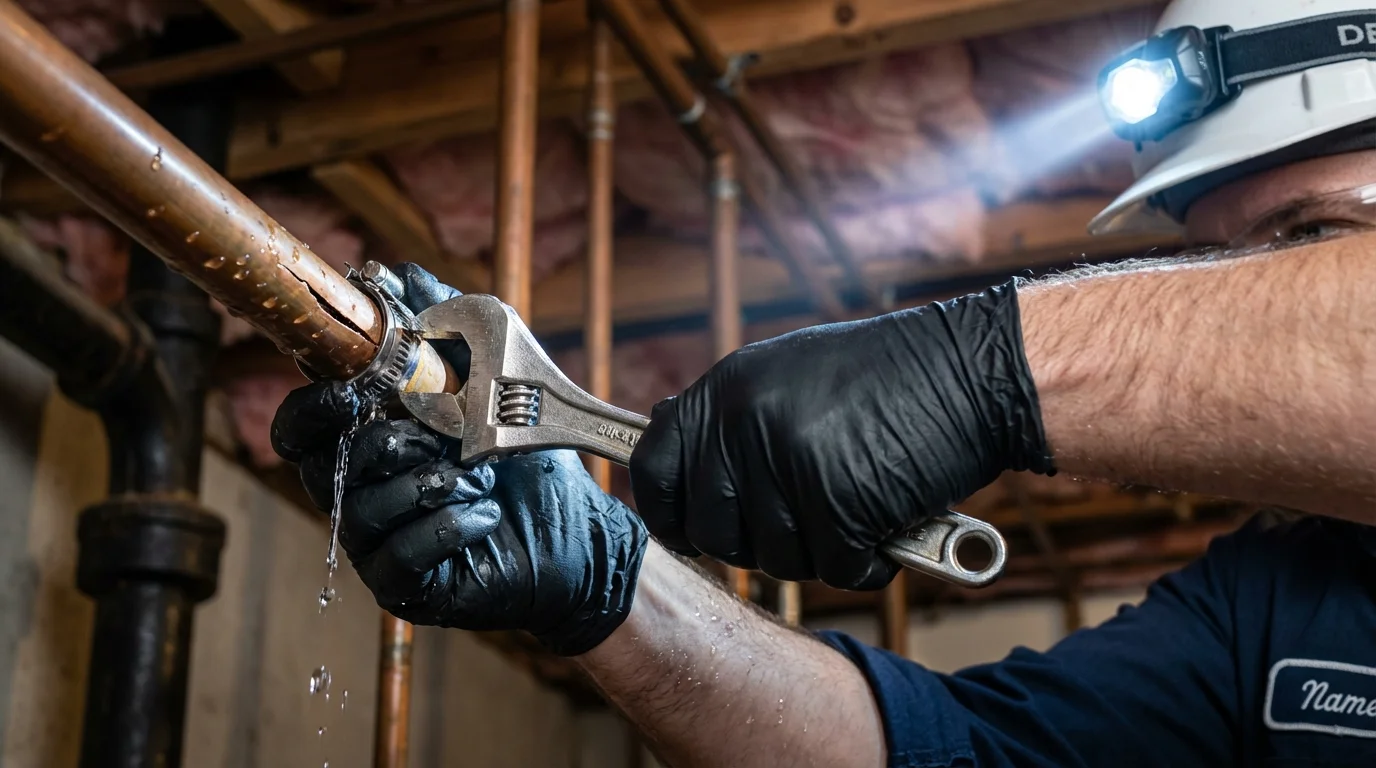 Emergency pipe clamp repair being performed by a Johns Plumbing LLC plumber in Sale Creek