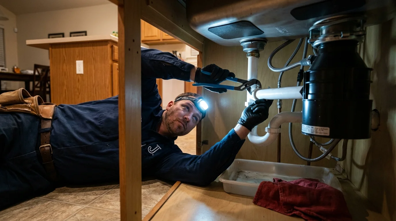 P-trap and supply line connections under a kitchen sink showing a common leak point in Sale Creek, TN
